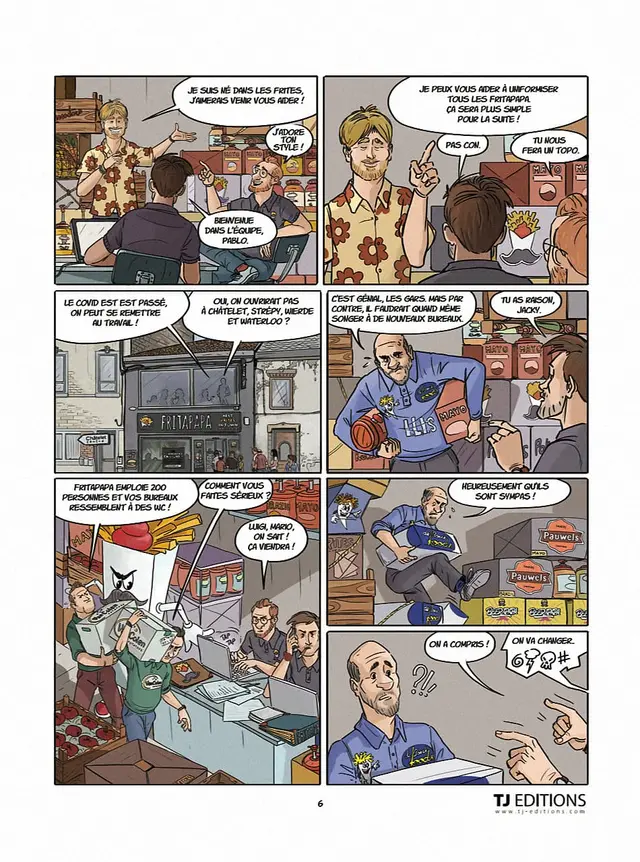 Planche 6 : l’après-Covid, la croissance de l’équipe et des bureaux toujours provisoires.